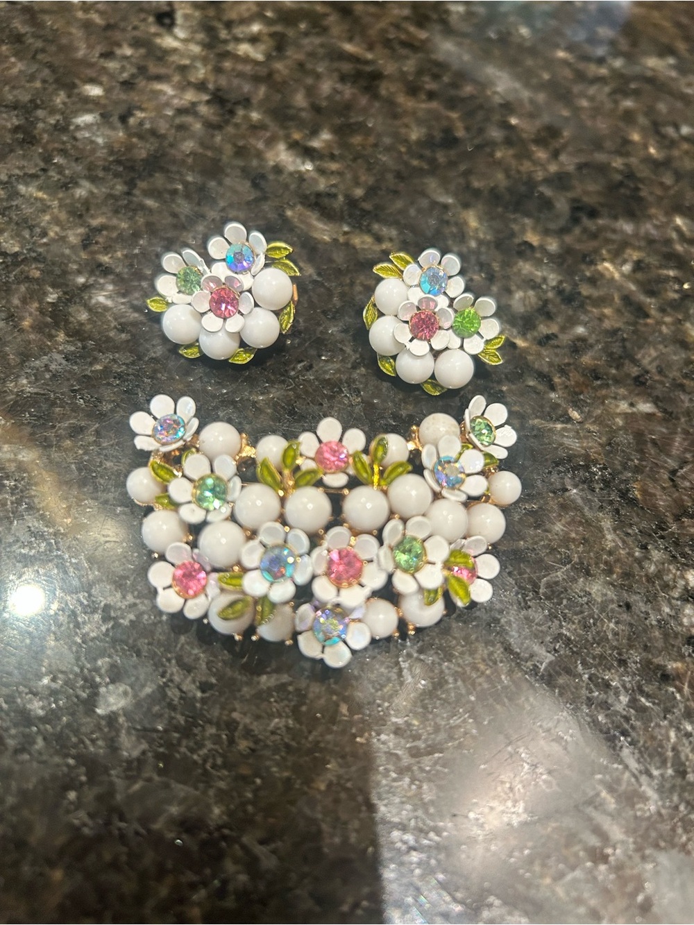Vintage Floral White Bead Brooch and Earring Set with Pink & Green Accents